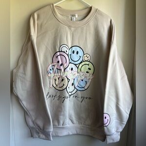 NWT Orange Kiss Happy Beige Smiley Face Sweater